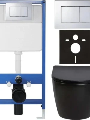 Akce CERANO - Kompletní podomítkový WC set Lite/Verde - černá lesklá - WC tlačítko Classic, chrom - předstěnová instalace/sádrokarton - 49x36 cm