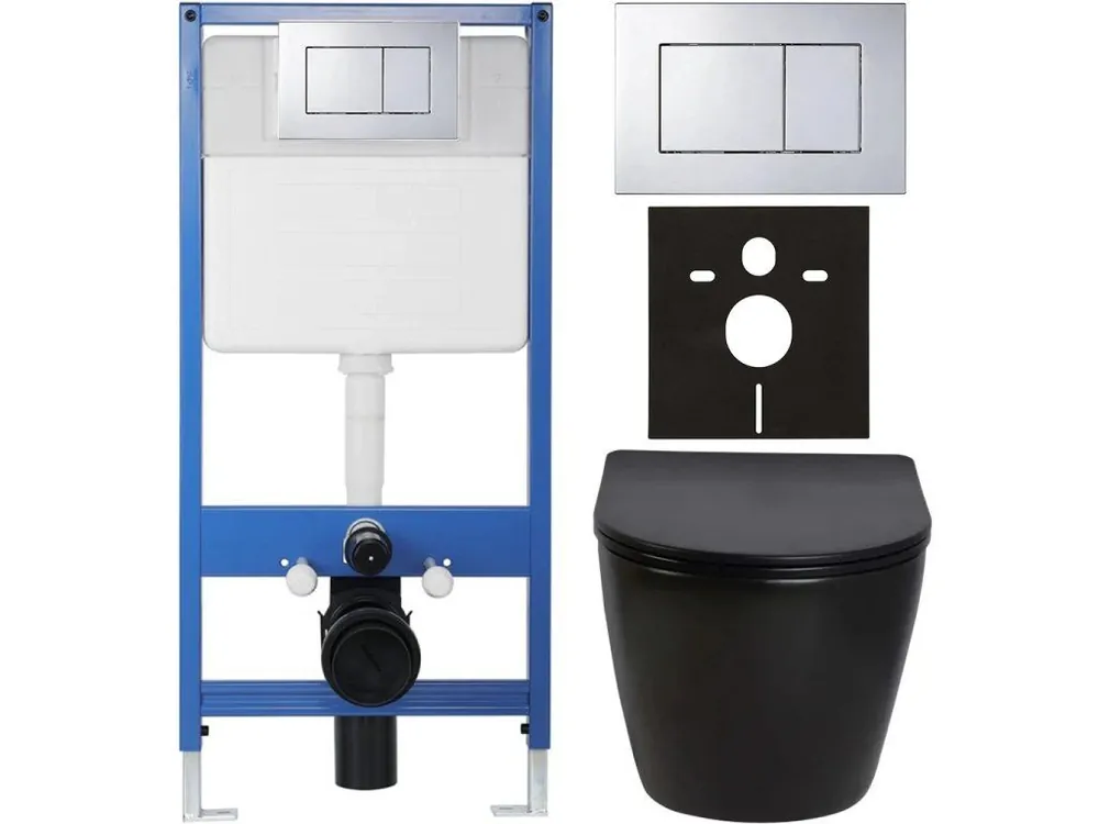 Akce CERANO - Kompletní podomítkový WC set Lite/Verde - černá lesklá - WC tlačítko Classic, chrom - předstěnová instalace/sádrokarton - 49x36 cm