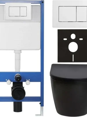 Akce CERANO - Kompletní podomítkový WC set Lite/Verde - černá matná - WC tlačítko Classic, bílé - předstěnová instalace/sádrokarton - 49x36 cm