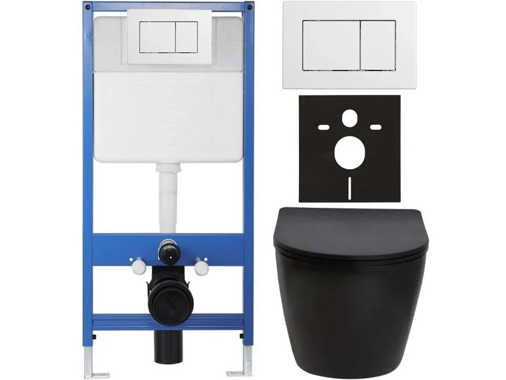 Akce CERANO - Kompletní podomítkový WC set Lite/Verde - černá matná - WC tlačítko Classic, bílé - předstěnová instalace/sádrokarton - 49x36 cm