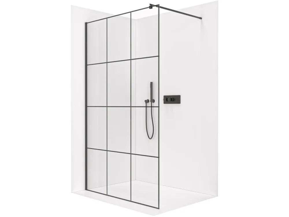 Značkový CERANO - Sprchová zástěna Walk-in Onyx Round L/P - 8 mm - kulatá vzpěra  - černá matná, industriální sklo - 100x200 cm