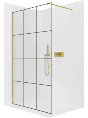 Značkový CERANO - Sprchová zástěna Walk-in Onyx Cube L/P - 8 mm - hranatá vzpěra  - zlatá, industriální sklo - 150x200 cm