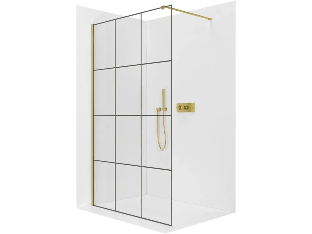 Značkový CERANO - Sprchová zástěna Walk-in Onyx Cube L/P - 8 mm - hranatá vzpěra  - zlatá, industriální sklo - 150x200 cm