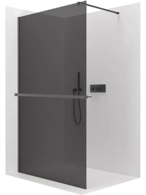 Značkový CERANO - Sprchová zástěna Walk-in Onyx Cube L/P - 8 mm + polička/držák na ručníky - hranatá vzpěra - černá matná, grafitové sklo - 60x200 cm