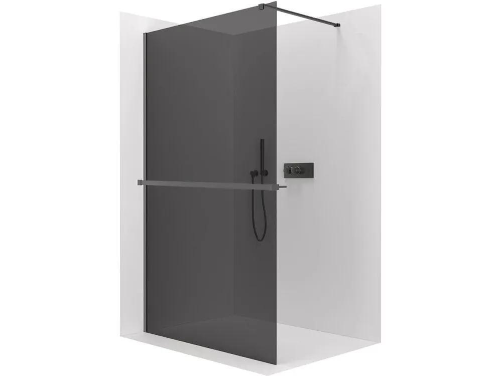 Značkový CERANO - Sprchová zástěna Walk-in Onyx Cube L/P - 8 mm + polička/držák na ručníky - hranatá vzpěra - černá matná, grafitové sklo - 60x200 cm