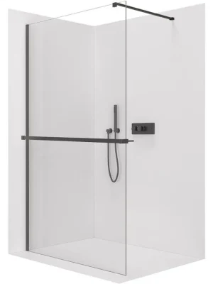 Akce CERANO - Sprchová zástěna Walk-in Onyx Cube L/P - 8 mm + polička/držák na ručníky - hranatá vzpěra - černá matná, transparentní sklo - 130x200 cm