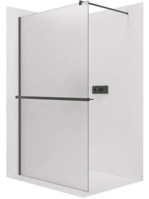 Akce CERANO - Sprchová zástěna Walk-in Onyx Round L/P - 8 mm + polička/držák na ručníky - kulatá vzpěra - černá matná, mléčné sklo - 80x200 cm