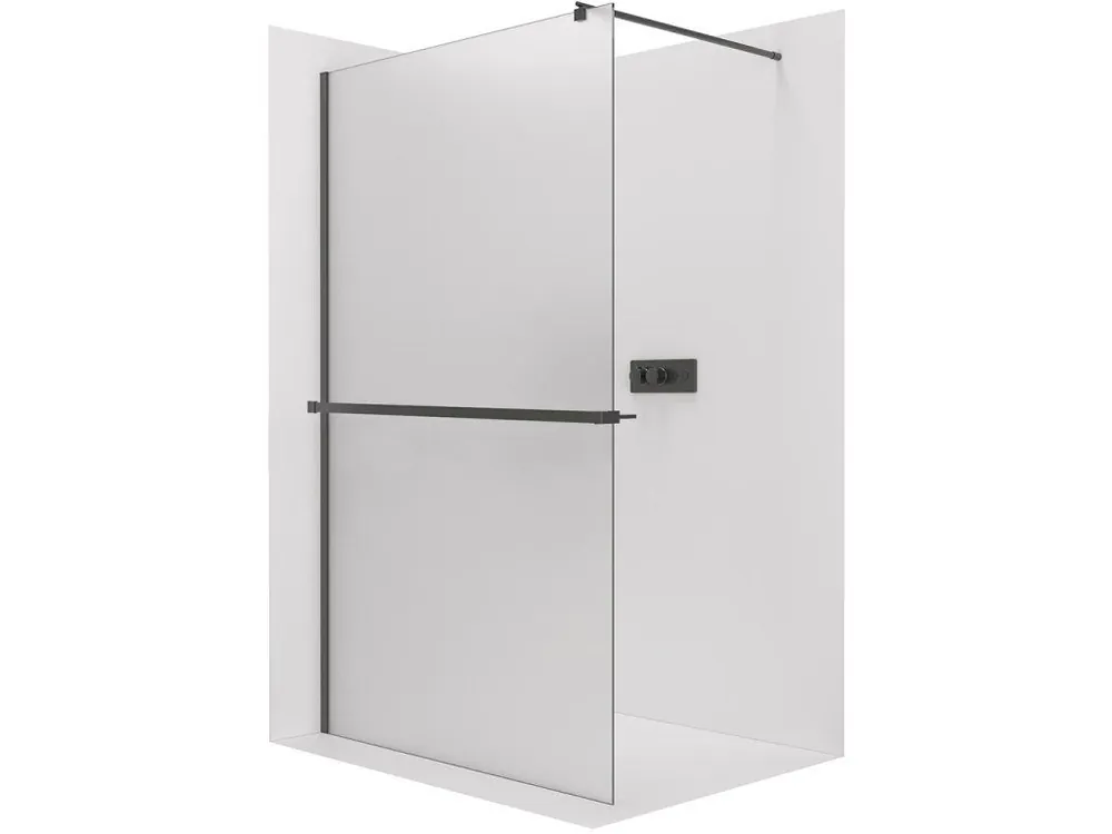 Akce CERANO - Sprchová zástěna Walk-in Onyx Round L/P - 8 mm + polička/držák na ručníky - kulatá vzpěra - černá matná, mléčné sklo - 80x200 cm