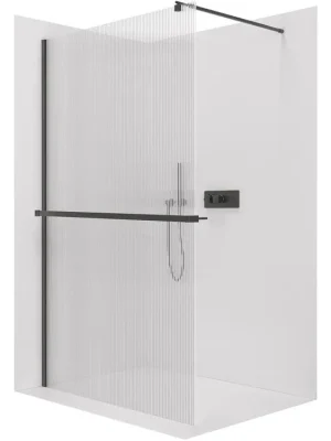 Akce CERANO - Sprchová zástěna Walk-in Onyx Round L/P - 8 mm + polička/držák na ručníky - kulatá vzpěra - černá matná, rýhované sklo - 100x200 cm