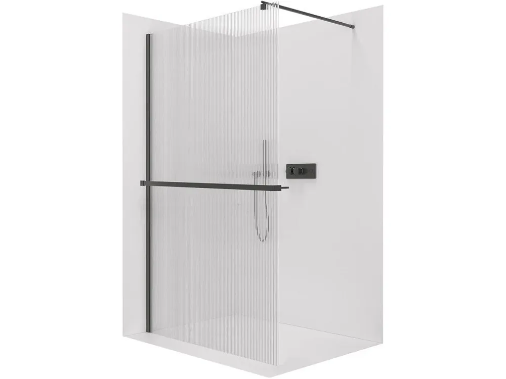 Akce CERANO - Sprchová zástěna Walk-in Onyx Round L/P - 8 mm + polička/držák na ručníky - kulatá vzpěra - černá matná, rýhované sklo - 100x200 cm