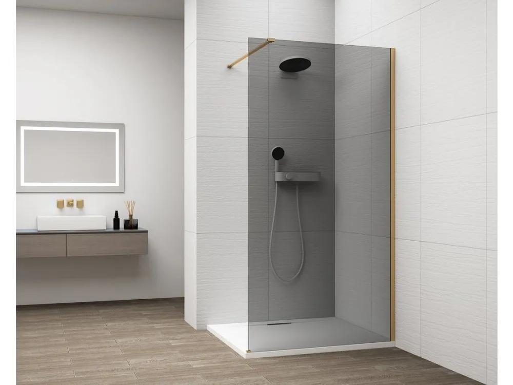Značkový ESCA GOLD MATT jednodílná sprchová zástěna k instalaci ke stěně, kouřové sklo, 1400 mm