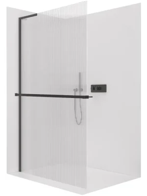 Značkový CERANO - Sprchová zástěna Walk-in Onyx L-levá vzpěra - 8 mm + polička/držák na ručníky - černá matná, rýhované sklo - 110x200 cm