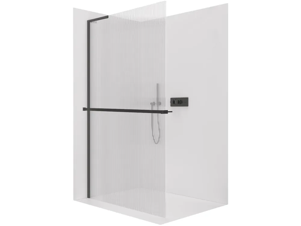 Značkový CERANO - Sprchová zástěna Walk-in Onyx L-levá vzpěra - 8 mm + polička/držák na ručníky - černá matná, rýhované sklo - 110x200 cm