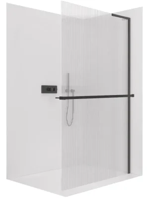 Akce CERANO - Sprchová zástěna Walk-in Onyx L-pravá vzpěra - 8 mm + polička/držák na ručníky - černá matná, rýhované sklo - 90x200 cm