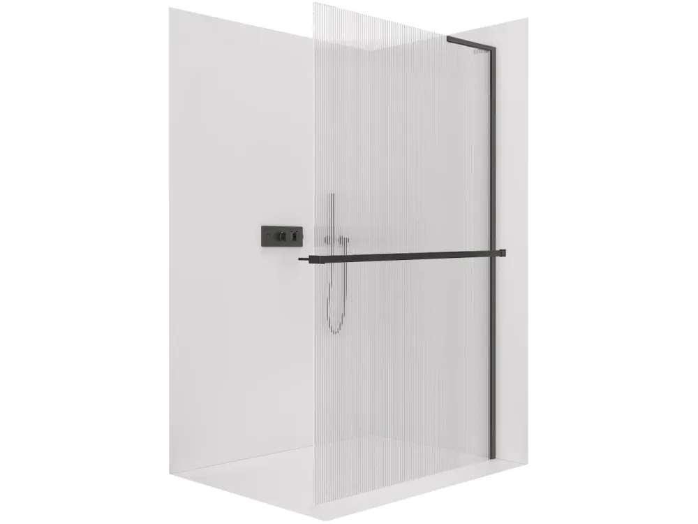 Akce CERANO - Sprchová zástěna Walk-in Onyx L-pravá vzpěra - 8 mm + polička/držák na ručníky - černá matná, rýhované sklo - 90x200 cm