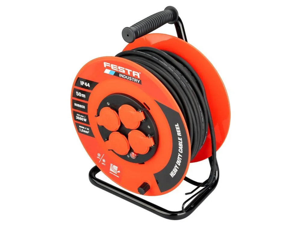 Akce Kabel prodlužovací na bubnu venkovní, 50m, 4 zás., 3x1,5mm, černý, IP44, FESTA INDUSTRY | element-shop.cz
