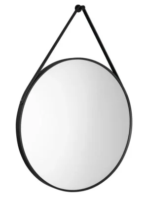 STAGO kulaté zrcadlo o 60cm, kožený pásek, černá mat Expresní Doručení
