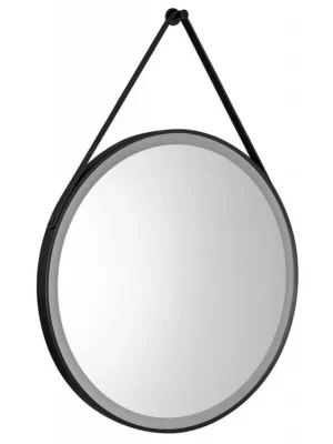 Výhodná Nabídka STAGO kulaté zrcadlo s LED osvětlením o 60cm, kožený pásek, dotykový senzor, stmívatelné, černá mat