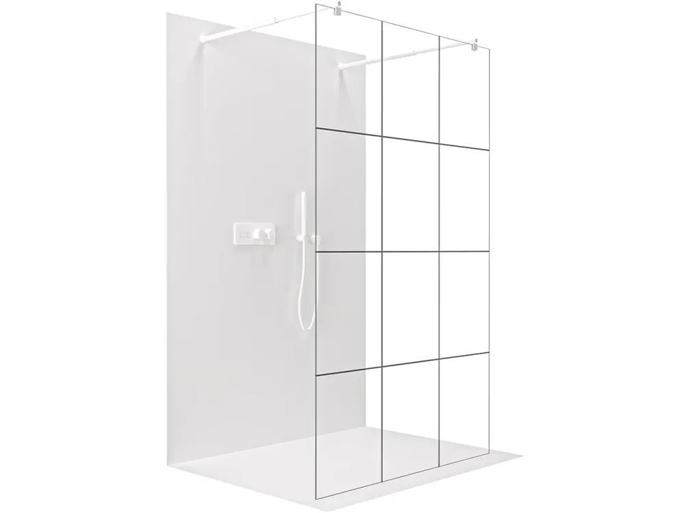 Značkový CERANO - Sprchová zástěna Walk-in Onyx Duo L/P - 8 mm - kulatá vzpěra  -  bílá matná, industriální sklo - 90x200 cm