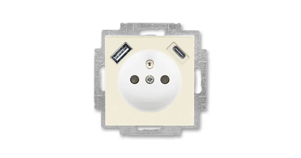 Sezónní Sleva ABB LEVIT 5569H-A32357 17 SLONOVÁ KOST/BÍLÁ Zásuvka jednonásobná s ochranným kolíkem a clonkami s integrovaným USB a USB-C nabíjením