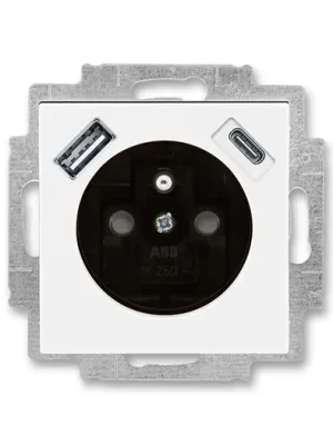 Zlevněný ABB LEVIT 5569H-A32357 62 BÍLÁ/KOUŘOVÁ ČERNÁ Zásuvka jednonásobná s ochranným kolíkem a clonkami s integrovaným USB a USB-C nabíjením