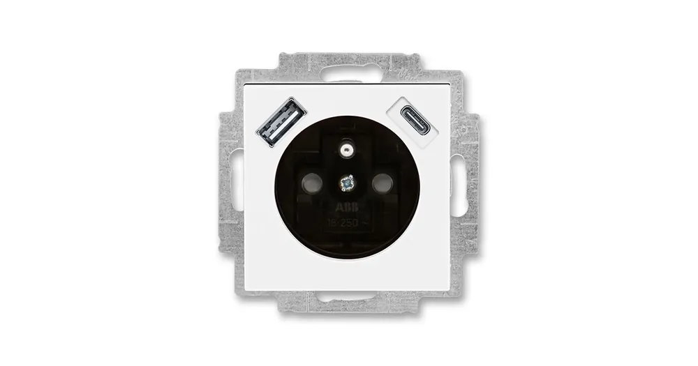 Zlevněný ABB LEVIT 5569H-A32357 62 BÍLÁ/KOUŘOVÁ ČERNÁ Zásuvka jednonásobná s ochranným kolíkem a clonkami s integrovaným USB a USB-C nabíjením