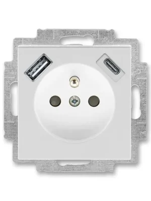 Cenový Hit ABB LEVIT 5569H-A32357 16 ŠEDÁ/BÍLÁ Zásuvka jednonásobná s ochranným kolíkem a clonkami s integrovaným USB a USB-C nabíjením