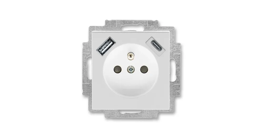 Cenový Hit ABB LEVIT 5569H-A32357 16 ŠEDÁ/BÍLÁ Zásuvka jednonásobná s ochranným kolíkem a clonkami s integrovaným USB a USB-C nabíjením