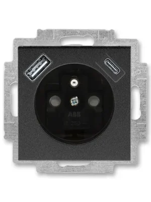 Akční Cena ABB LEVIT 5569H-A32357 63 ONYX/KOUŘOVÁ ČERNÁ Zásuvka jednonásobná s ochranným kolíkem a clonkami s integrovaným USB a USB-C nabíjením