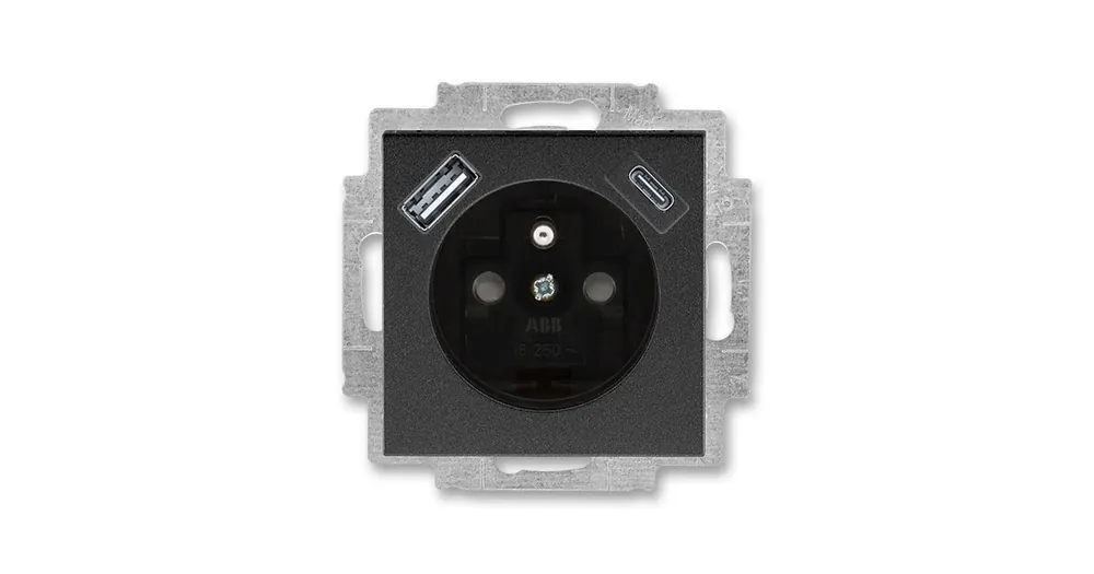 Akční Cena ABB LEVIT 5569H-A32357 63 ONYX/KOUŘOVÁ ČERNÁ Zásuvka jednonásobná s ochranným kolíkem a clonkami s integrovaným USB a USB-C nabíjením