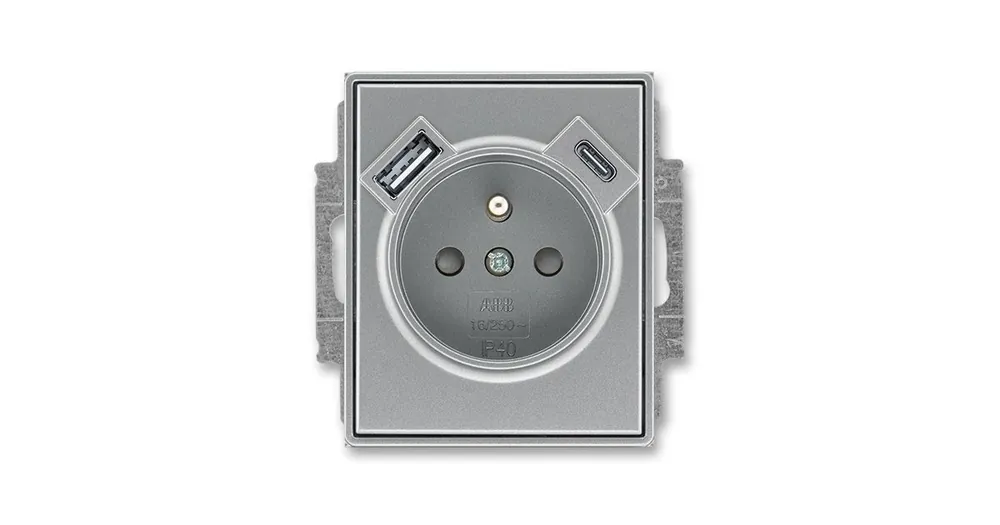 Doprava Zdarma ABB 5569E-A32357 36 Time® Zásuvka jednoduchá s ochrannými clonkami a USB-A + USB-C OCELOVÁ