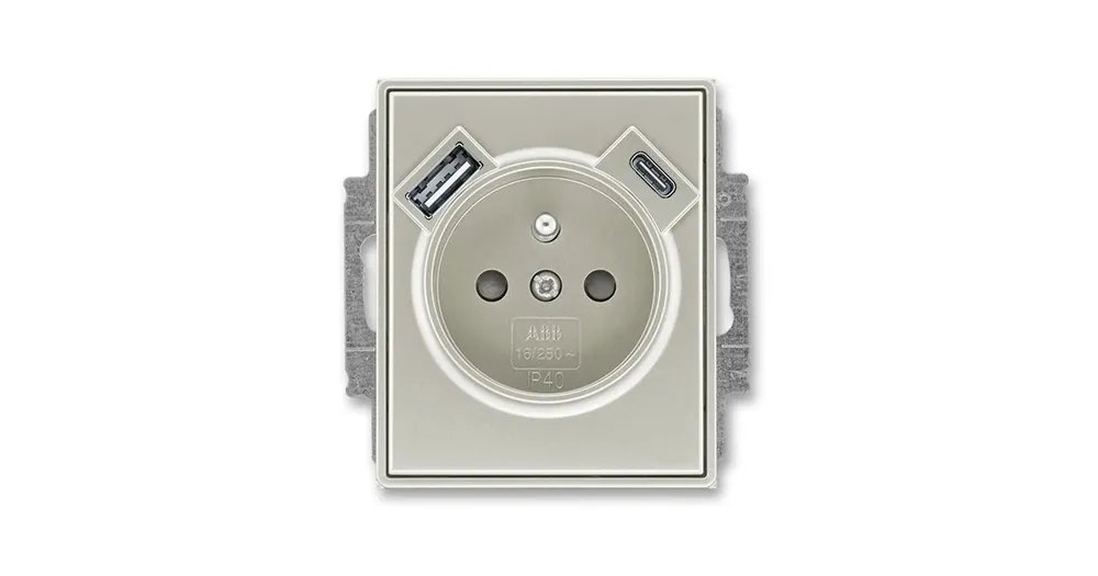 Nízká Cena ABB 5569E-A32357 32 Time®, Time® Arbo Zásuvka jednoduchá s ochrannými clonkami a USB-A + USB-C STAROSTŘÍBRNÁ