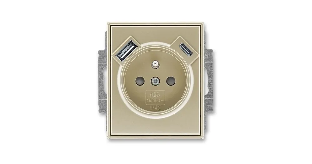 ABB 5569E-A32357 33 Time®, Time® Arbo Zásuvka jednoduchá s ochrannými clonkami a USB-A + USB-C Šampaňská Autentický