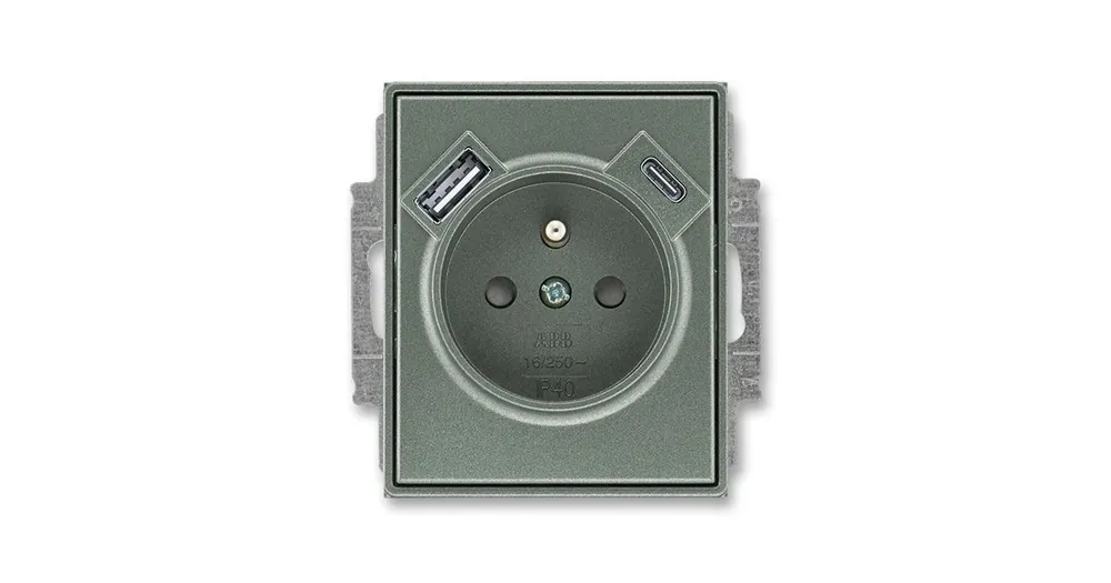 Autentický ABB 5569E-A32357 34 Time® Zásuvka jednoduchá s ochrannými clonkami a USB-A + USB-C Antracit