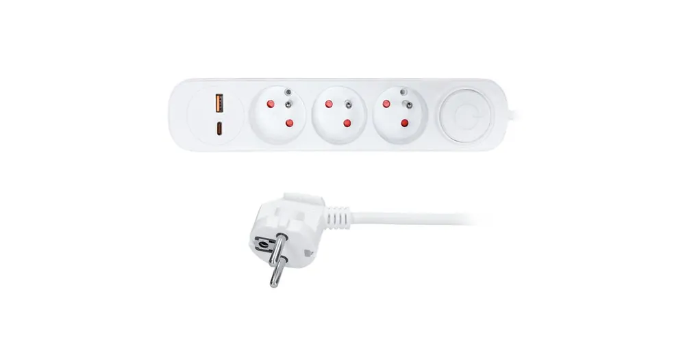 SOLIGHT PP112PD20 Bílá prodlužovací kabel s vypínačem 3x zásuvka 230V, 3m, 1x USB-A+C Zlevněný